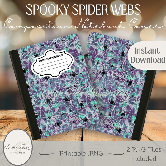 Spooky Spider Webs Printable Composition Notebook Cover | Digital Download PNG | Back to School, Journaling, DIY Custom Notebook, Sticker Paper Cover