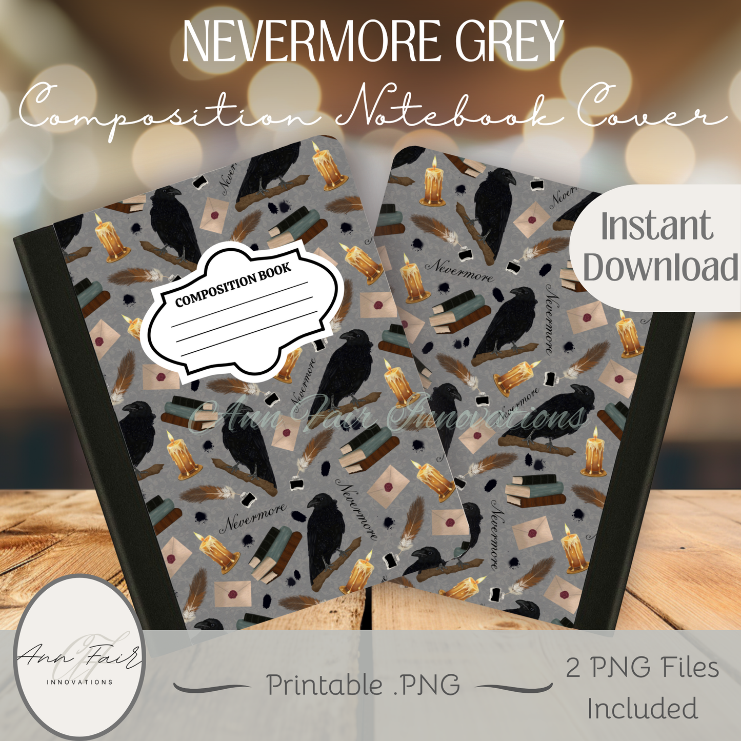 Nevermore in Grey Composition Notebook Cover | Digital Download PNG | Back to School, Journaling, DIY Custom Notebook, Sticker Paper Cover