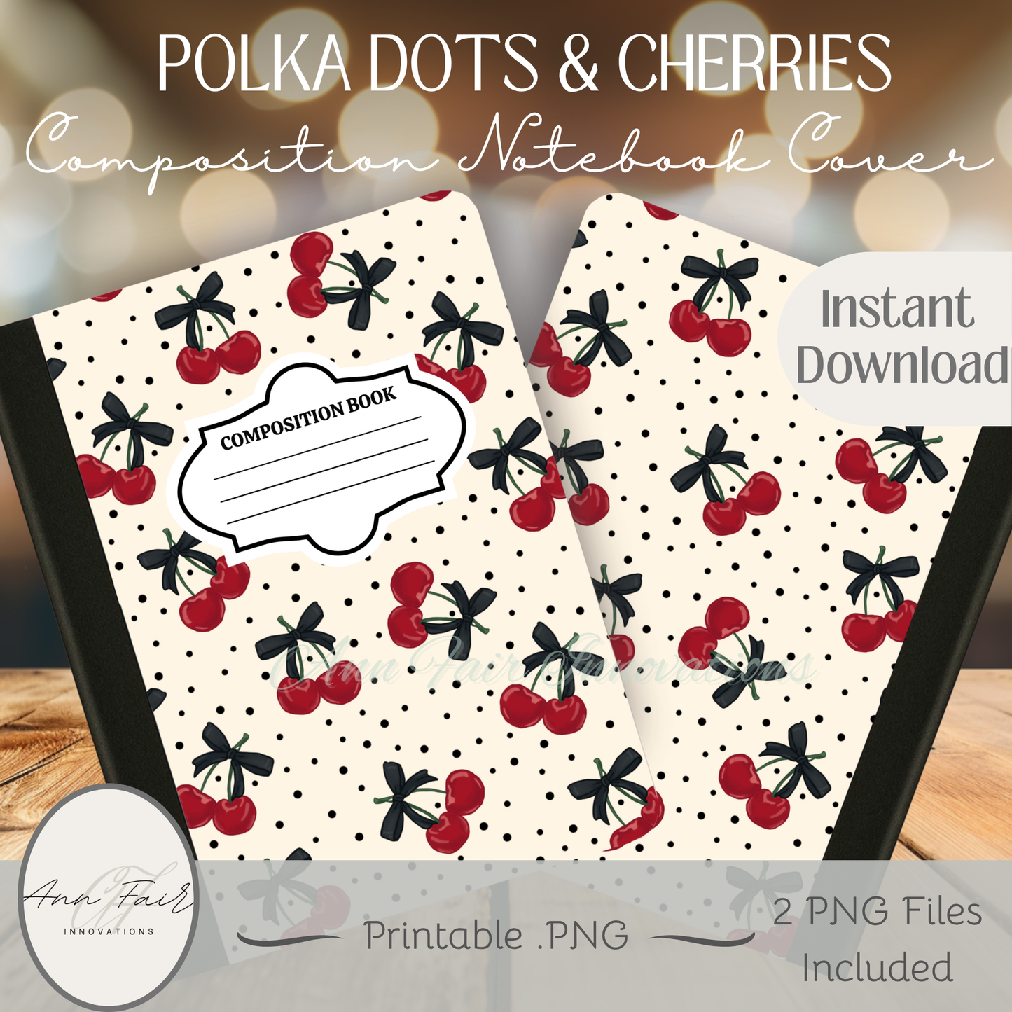 Polka Dots and Cherries Composition Notebook Cover | Digital Download PNG | Back to School, Journaling, DIY Custom Notebook, Sticker Paper Cover