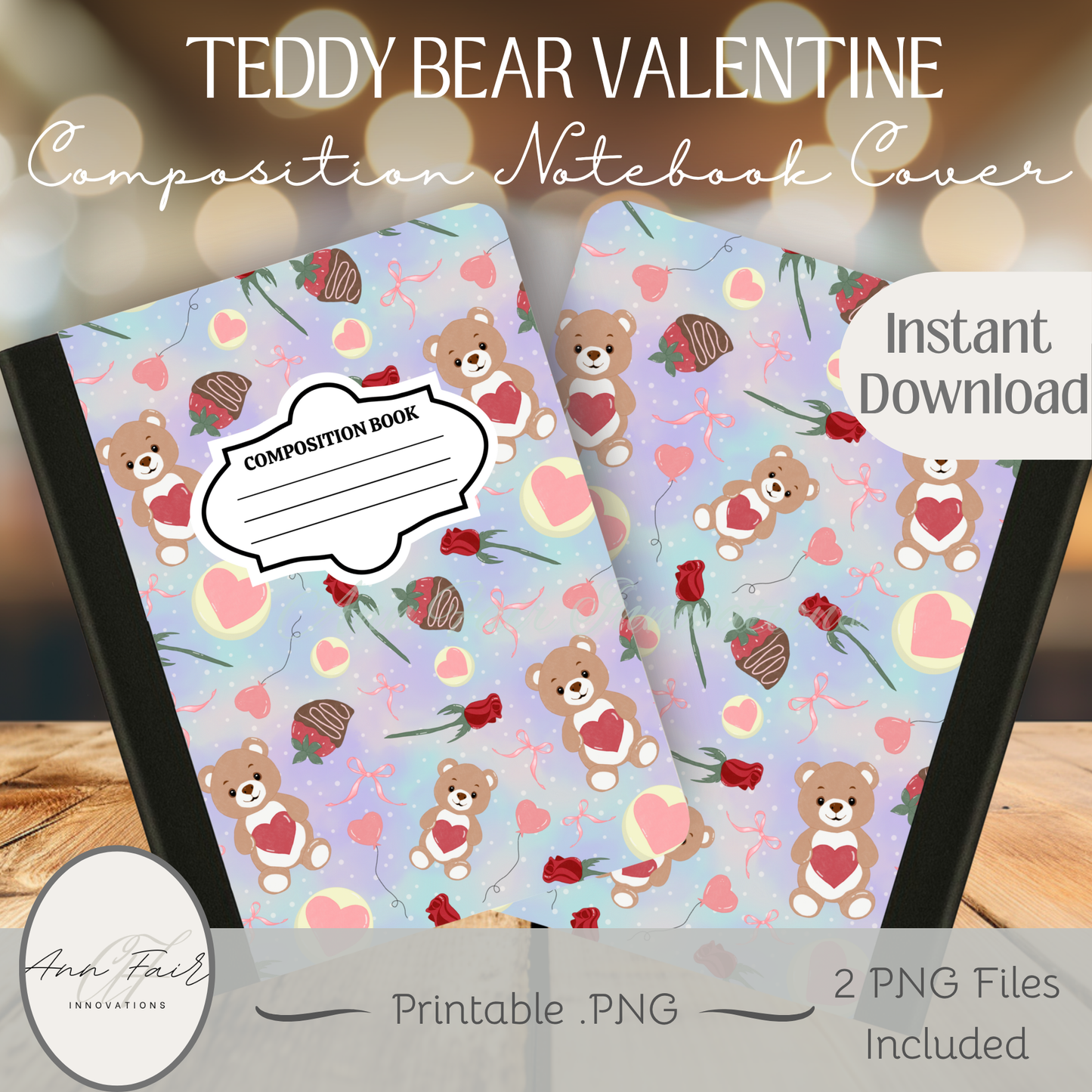 Teddy Bear Valentine Composition Notebook Cover | Digital Download PNG | Back to School, Journaling, DIY Custom Notebook, Sticker Paper Cover