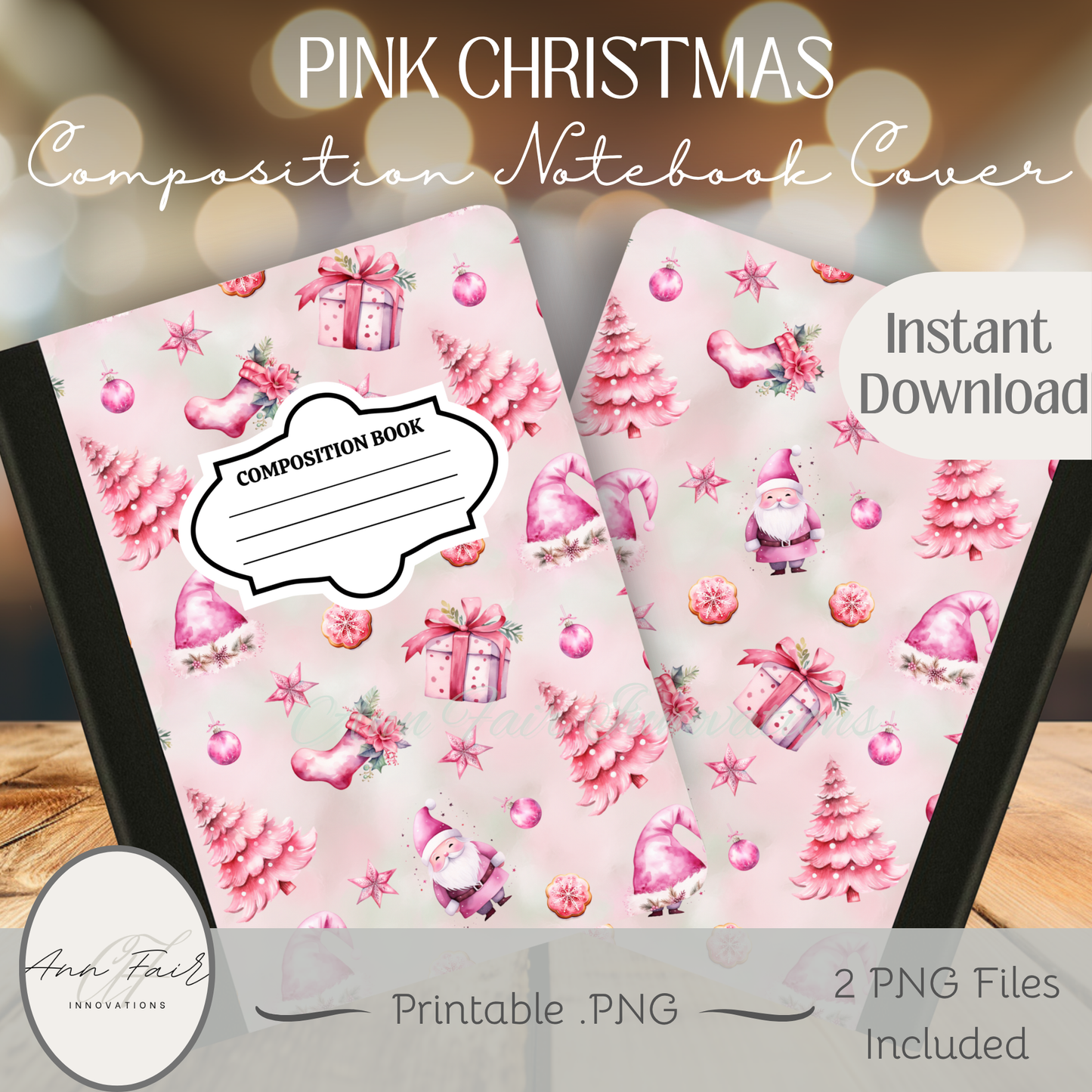 Pink Christmas Composition Notebook Cover | Digital Download PNG | Back to School, Journaling, DIY Custom Notebook, Sticker Paper Cover