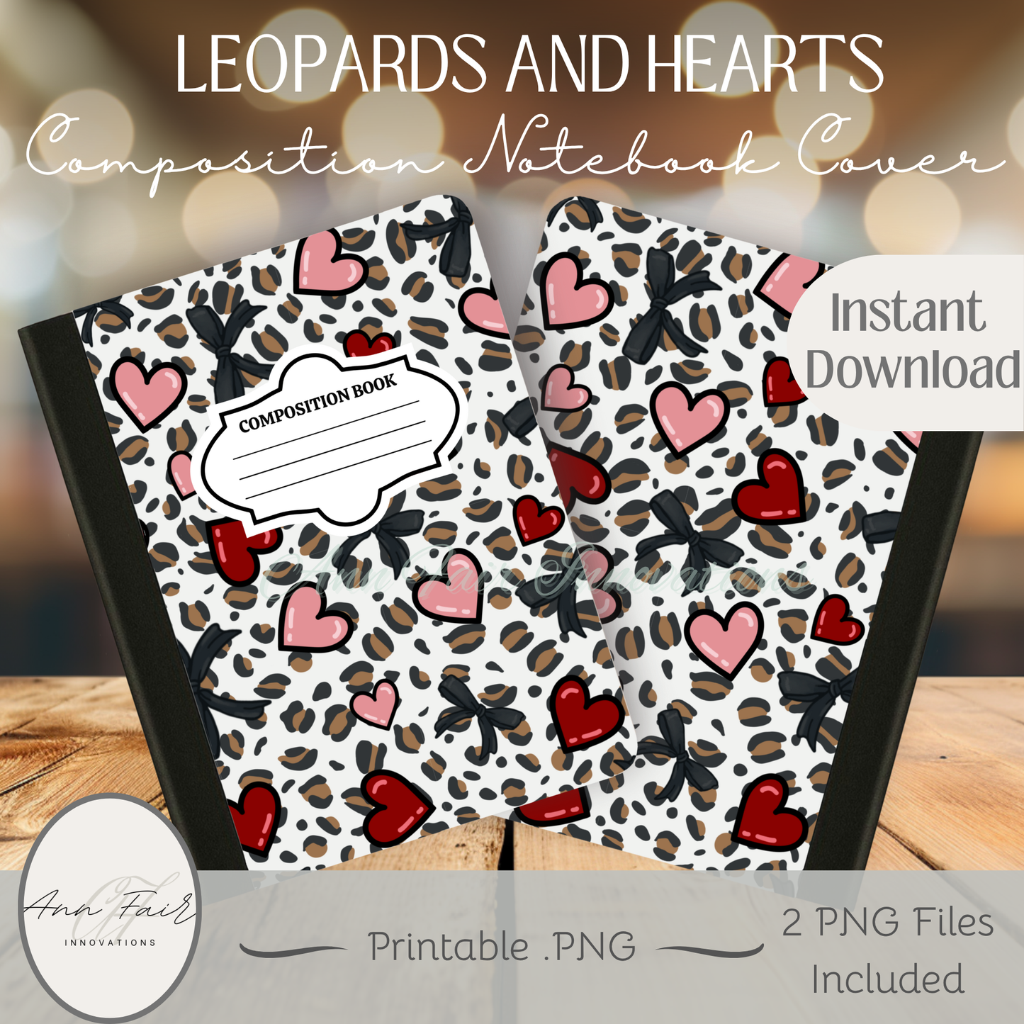Leopards and Hearts Composition Notebook Cover | Digital Download PNG | Back to School, Journaling, DIY Custom Notebook, Sticker Paper Cover