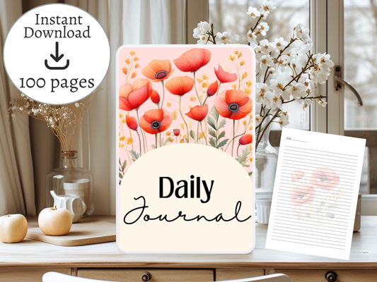Daily Journal | Self-Reflection & Mindfulness | Digital Download | Red Poppies