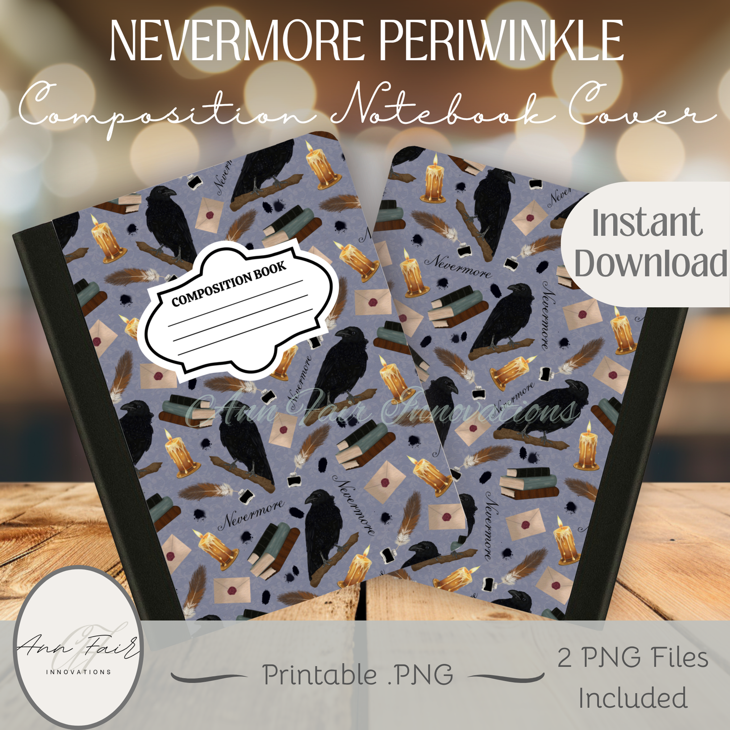 Nevermore in Periwinkle Composition Notebook Cover | Digital Download PNG | Back to School, Journaling, DIY Custom Notebook, Sticker Paper Cover