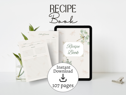 Nourish & Gather: A Cozy Blank Recipe Book in Dragonfly theme - Digital Download