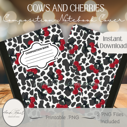 Cow Print and Cherries Composition Notebook Cover | Digital Download PNG | Back to School, Journaling, DIY Custom Notebook, Sticker Paper Cover