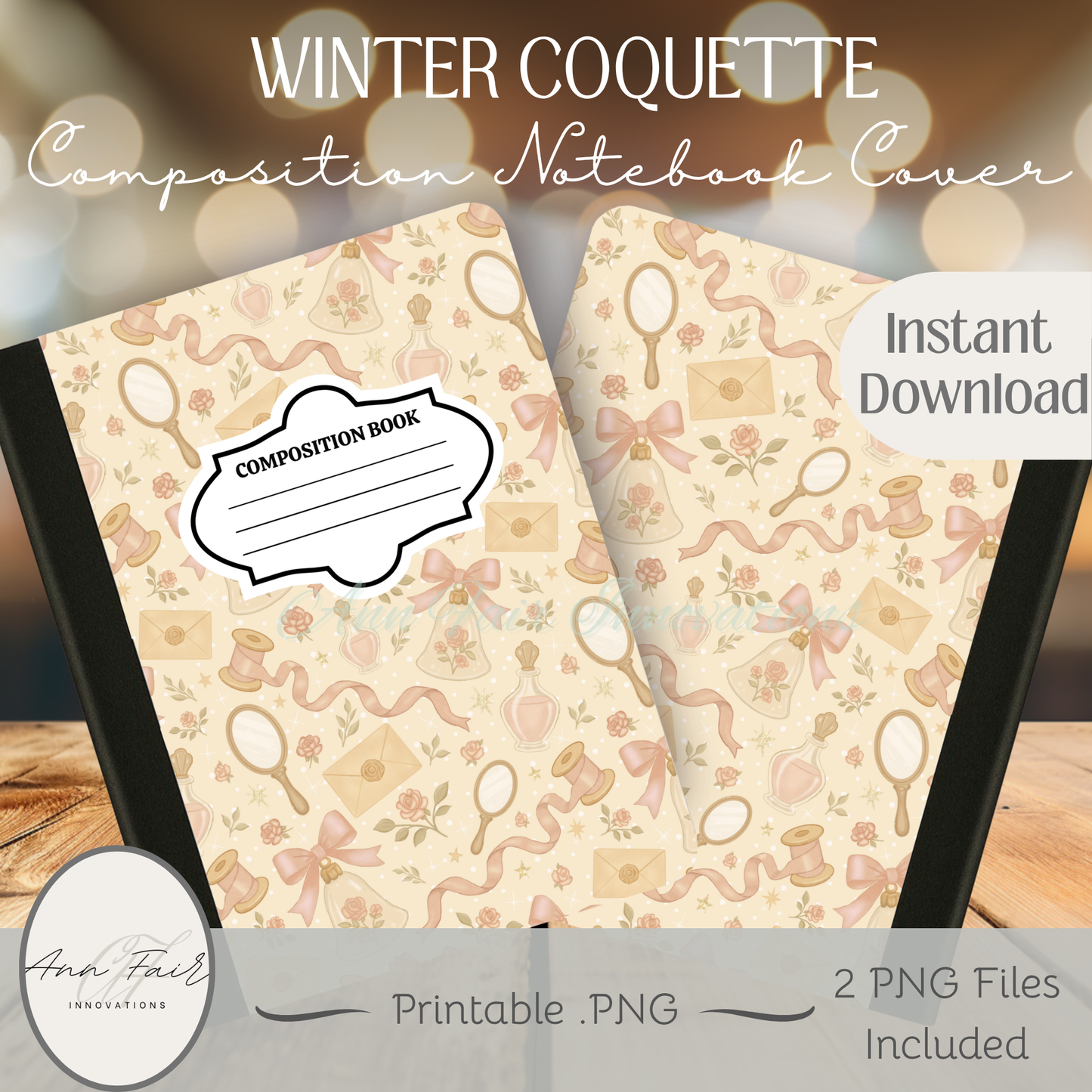 Winter Pink Coquette Composition Notebook Cover | Digital Download PNG | Back to School, Journaling, DIY Custom Notebook, Sticker Paper Cover