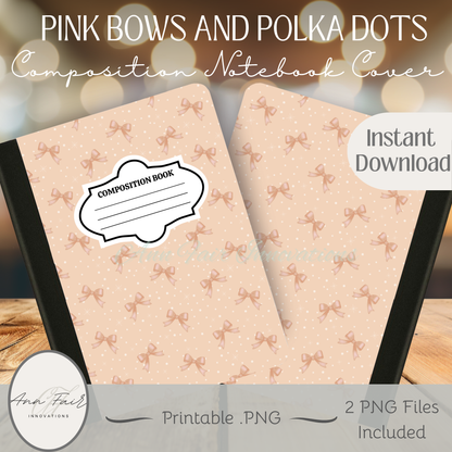 Pink Bows and polka dots Coquette Composition Notebook Cover | Digital Download PNG | Back to School, Journaling, DIY Custom Notebook, Sticker Paper Cover