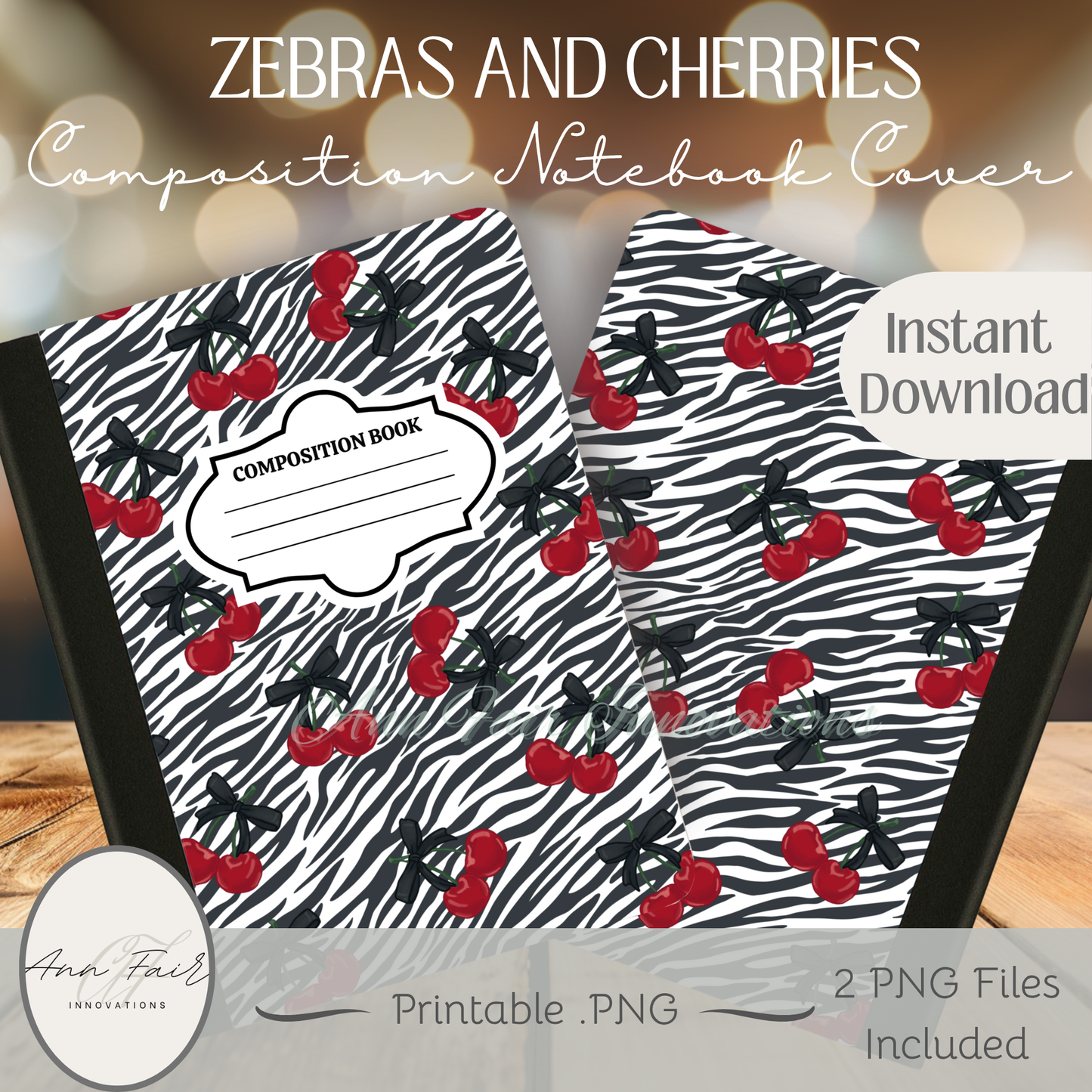 Zebra Print and Cherries Composition Notebook Cover | Digital Download PNG | Back to School, Journaling, DIY Custom Notebook, Sticker Paper Cover