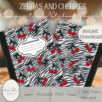 Zebra Print and Cherries Composition Notebook Cover | Digital Download PNG | Back to School, Journaling, DIY Custom Notebook, Sticker Paper Cover
