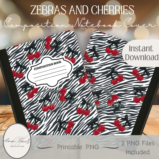 Zebra Print and Cherries Composition Notebook Cover | Digital Download PNG | Back to School, Journaling, DIY Custom Notebook, Sticker Paper Cover