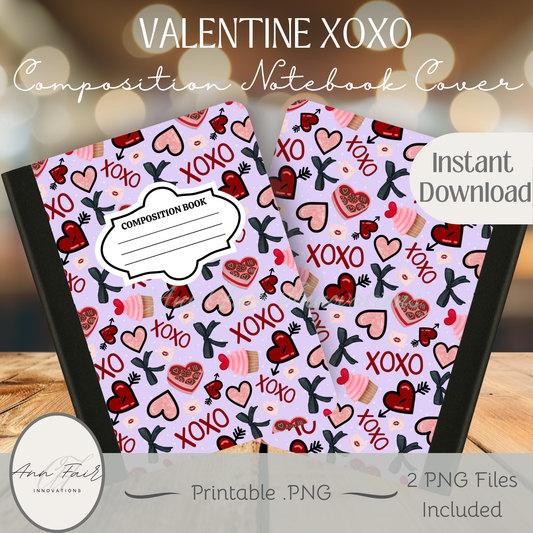 Valentine XOXO Composition Notebook Cover | Digital Download PNG | Back to School, Journaling, DIY Custom Notebook, Sticker Paper Cover