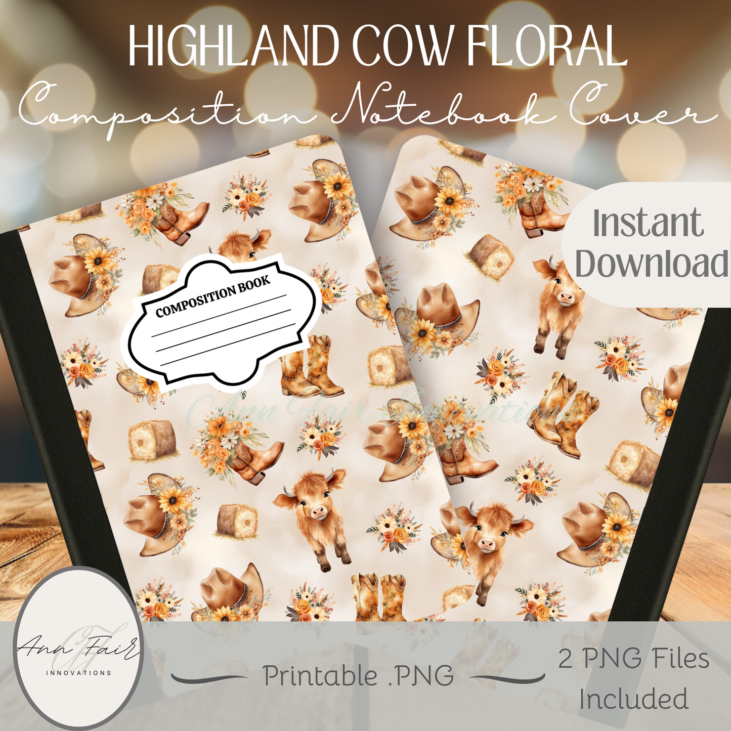 Cute Highland Cow Floral Composition Notebook Cover | Digital Download PNG | Back to School, Journaling, DIY Custom Notebook, Sticker Paper Cover
