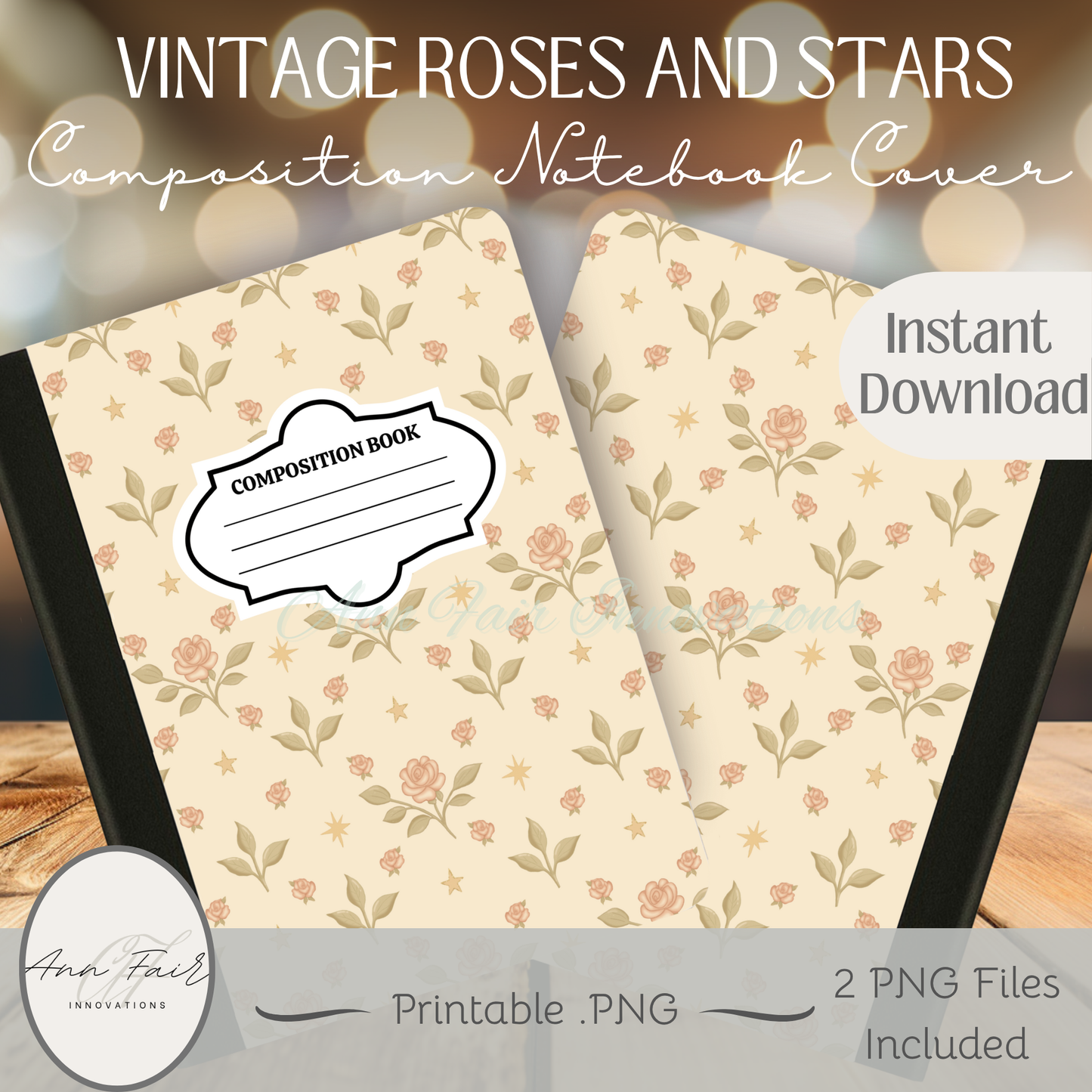Vintage Roses and Stars Composition Notebook Cover | Digital Download PNG | Back to School, Journaling, DIY Custom Notebook, Sticker Paper Cover