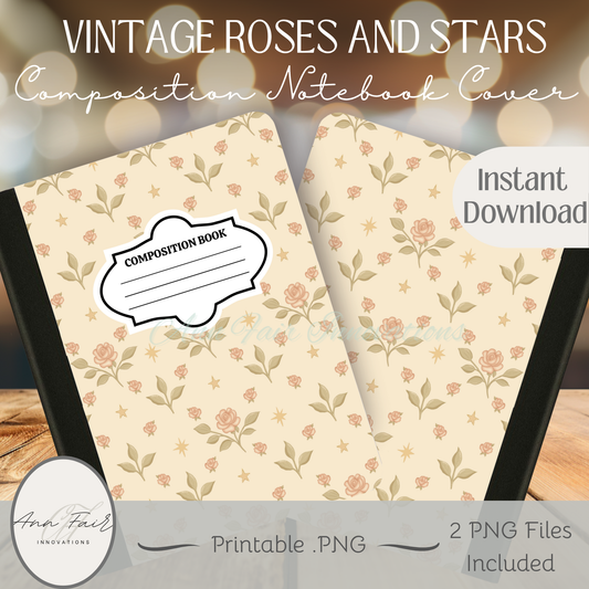 Vintage Roses and Stars Composition Notebook Cover | Digital Download PNG | Back to School, Journaling, DIY Custom Notebook, Sticker Paper Cover