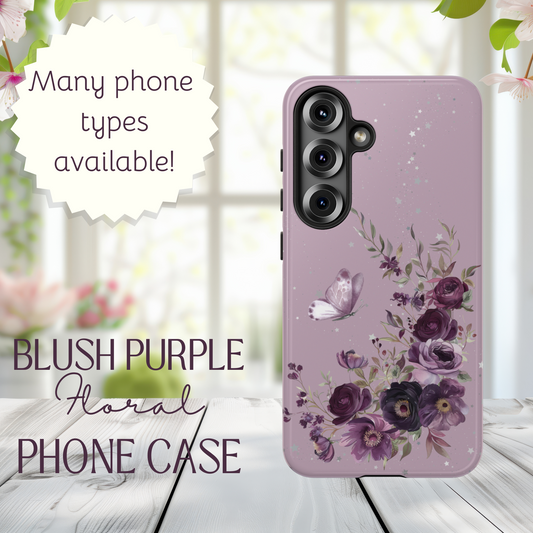 Blush Purple Floral Phone Case - Tough Cases, Decorative Cell Phone Cover, Butterfly Design