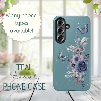 Phone Case - Teal Floral Butterfly Design