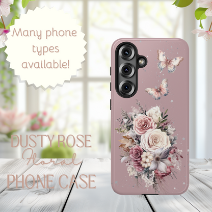 Dusty Rose Floral Phone Case - Tough Cases, Decorative Cell Phone Cover, Butterfly Design