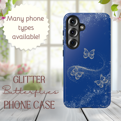Glitter Butterflies with Blue Background Phone Case - Tough Cases, Decorative Cell Phone Cover