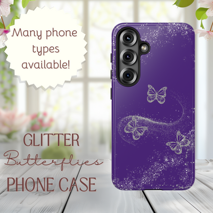 Glitter Butterflies with Purple Background Phone Case - Tough Cases, Decorative Cell Phone Cover