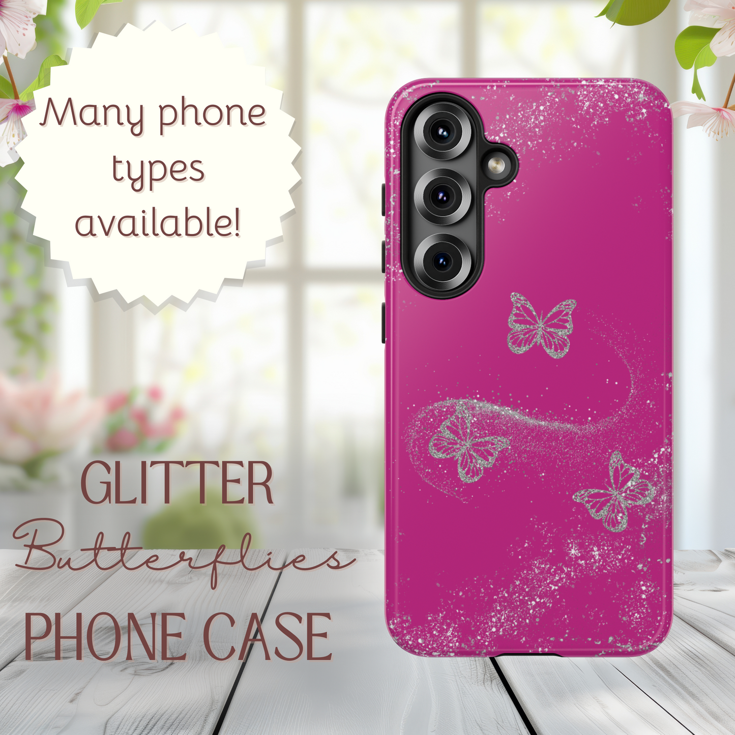 Glitter Butterflies with Pink Background Phone Case - Tough Cases, Decorative Cell Phone Cover