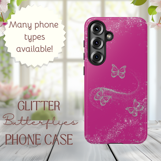 Glitter Butterflies with Pink Background Phone Case - Tough Cases, Decorative Cell Phone Cover