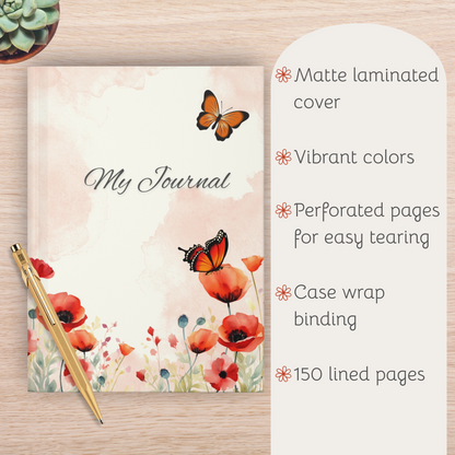 Red Poppies Floral Hardcover Journal, Nature Inspired Notebook, Artistic Diary, Eco-Friendly Journal