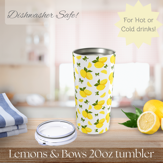 Lemons and Bows Pattern Tumbler, Cute Travel Mug for Summer, Eco-Friendly Drinkware, Gift for Her, Refreshing Beverage Container