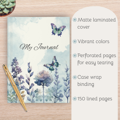 Blue Butterflies Floral Hardcover Journal, Nature Inspired Notebook, Artistic Diary, Eco-Friendly Journal