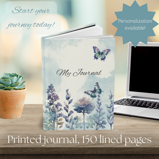 Blue Butterflies Floral Hardcover Journal, Nature Inspired Notebook, Artistic Diary, Eco-Friendly Journal