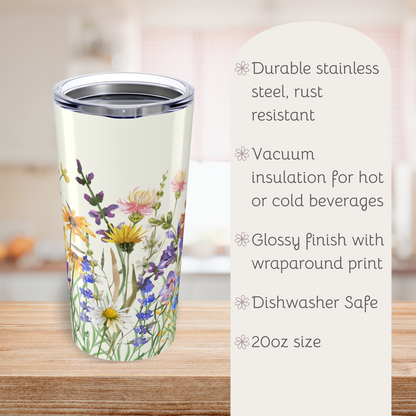Wildflowers Pattern Tumbler, Cute Travel Mug for Summer, Eco-Friendly Drinkware, Gift for Her, Refreshing Beverage Container