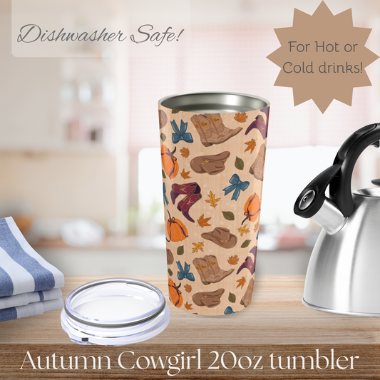 Autumn Cowgirl Tumbler 20oz - Fall Coffee Mug, Seasonal Travel Tumbler, Thanksgiving Gift, Pumpkin Spice, Cozy Vibes