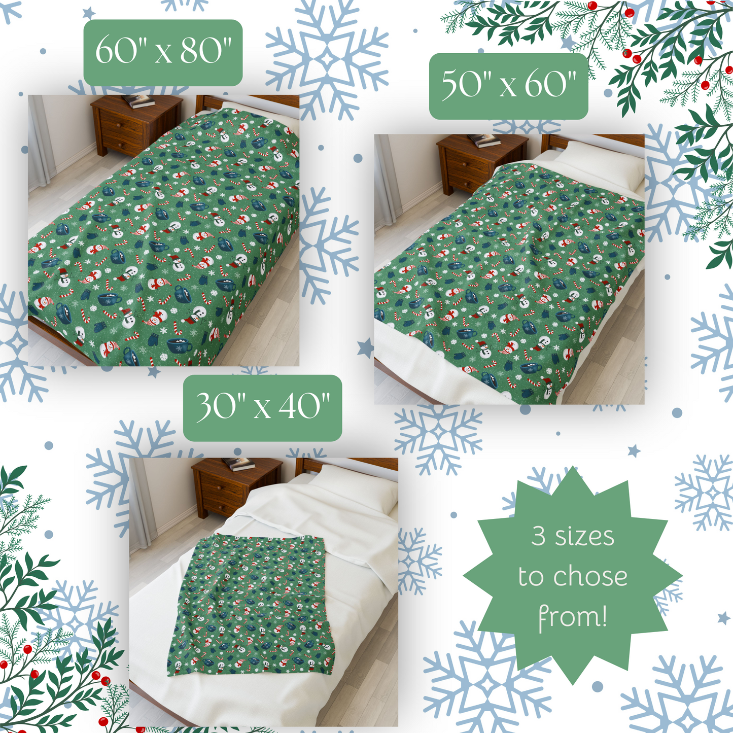 Plush Blanket - Snow Day Cute Snowmen Hot Cocoa Candy Canes Snowflakes Mittens