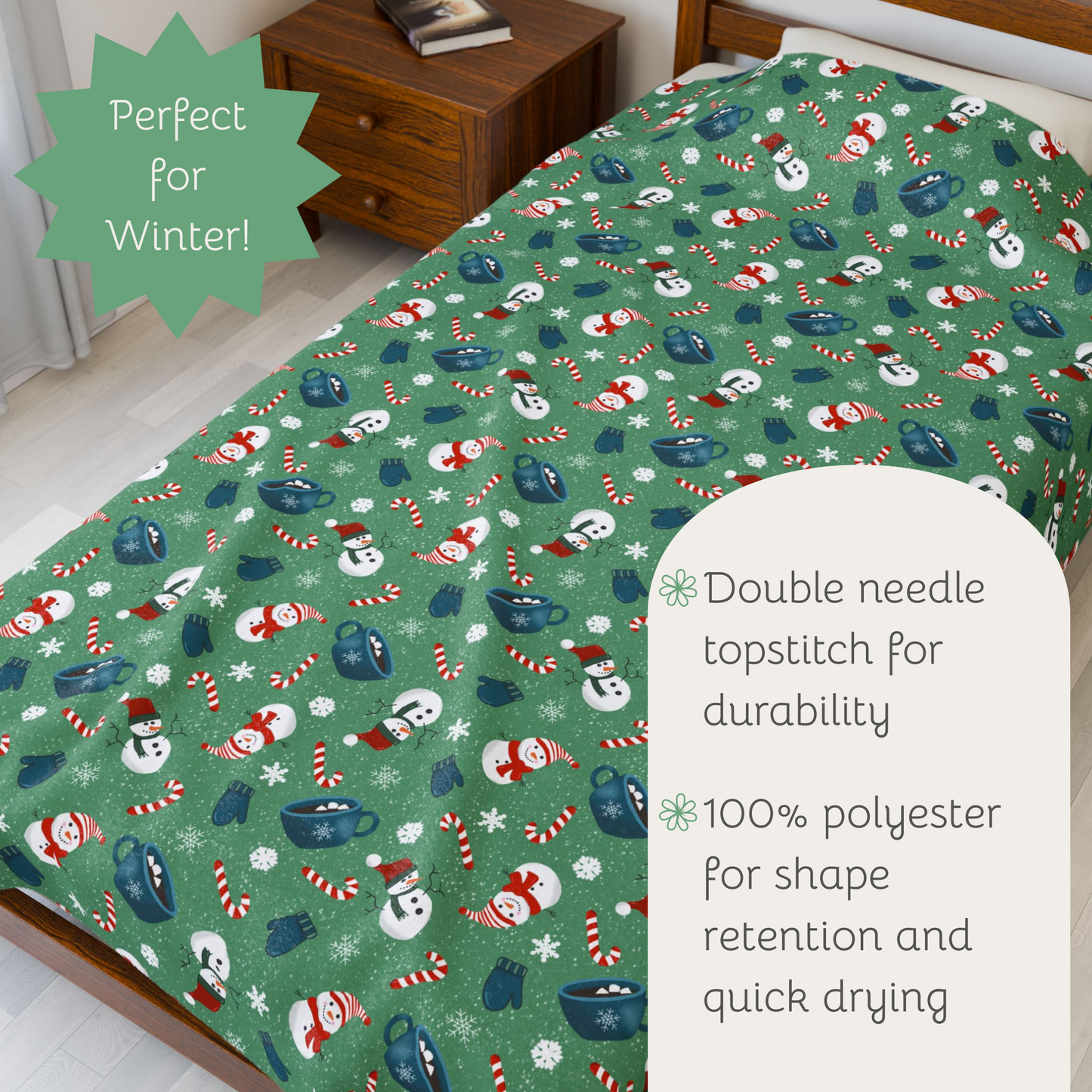 Plush Blanket - Snow Day Cute Snowmen Hot Cocoa Candy Canes Snowflakes Mittens