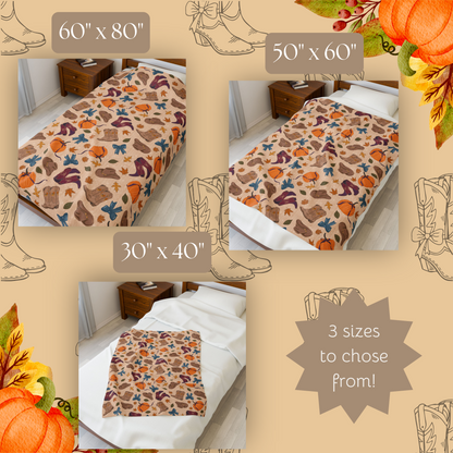 Autumn Cowgirl Boots and Pumpkins Velveteen Plush Blanket