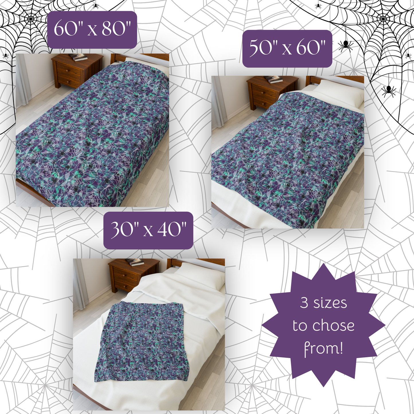 Plush Blanket - Spooky Spider Web Pattern in Purple and Turquoise for Halloween