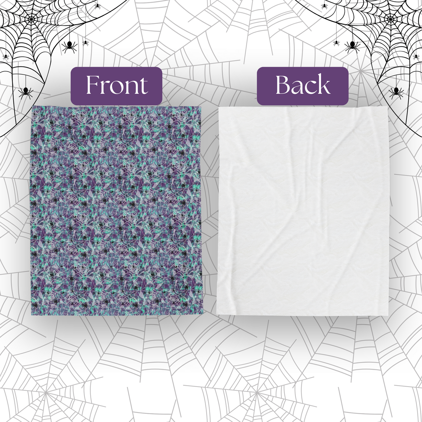 Plush Blanket - Spooky Spider Web Pattern in Purple and Turquoise for Halloween