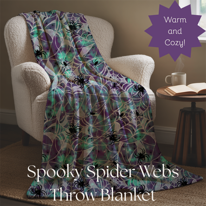 Plush Blanket - Spooky Spider Web Pattern in Purple and Turquoise for Halloween