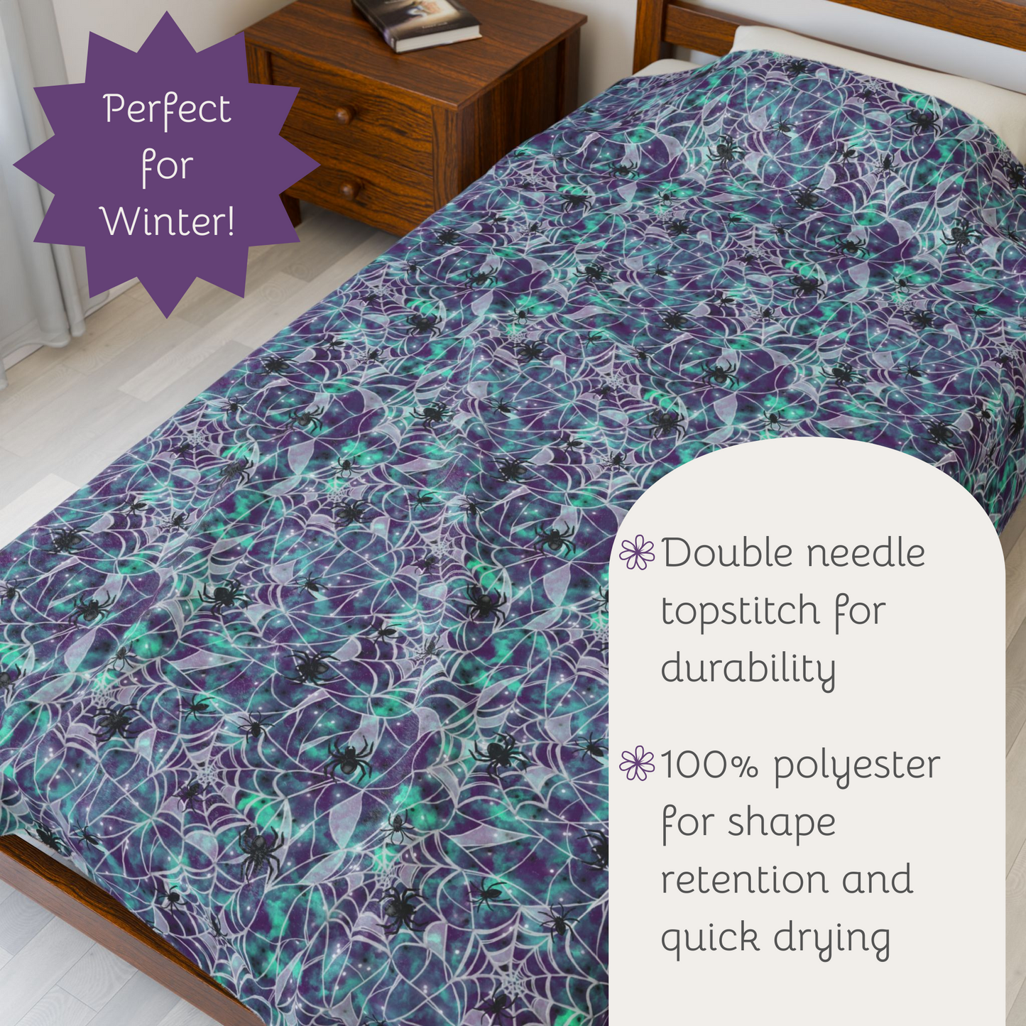 Plush Blanket - Spooky Spider Web Pattern in Purple and Turquoise for Halloween