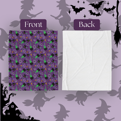 Plush Blanket - Witches Brew with Witches Hat, Broom, Cauldron, Spiders, and Webs