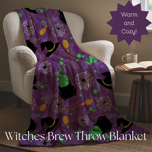 Plush Blanket - Witches Brew with Witches Hat, Broom, Cauldron, Spiders, and Webs