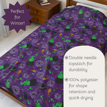 Plush Blanket - Witches Brew with Witches Hat, Broom, Cauldron, Spiders, and Webs