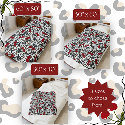 Velveteen Plush Blanket - Leopard Print Cherries Fun Cute Design