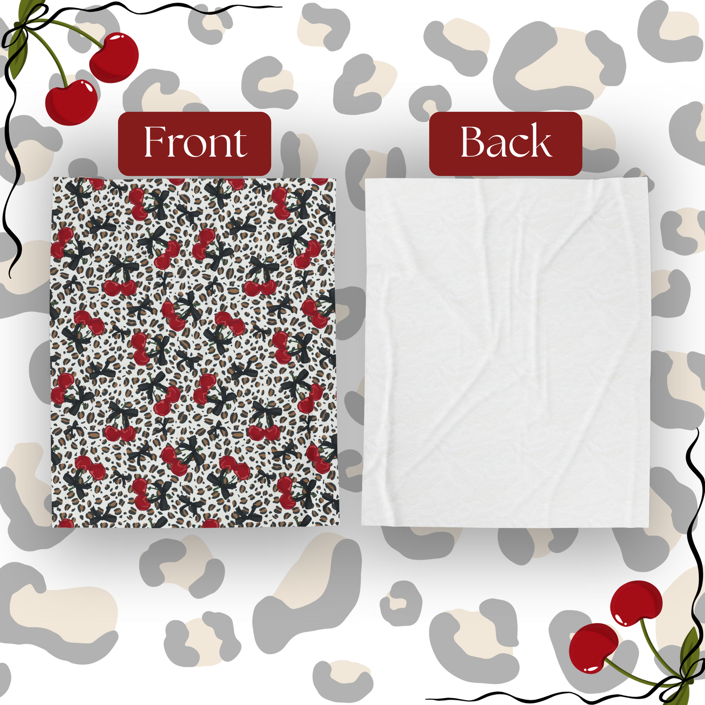 Velveteen Plush Blanket - Leopard Print Cherries Fun Cute Design