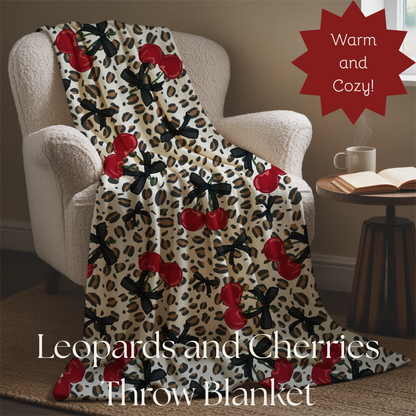 Velveteen Plush Blanket - Leopard Print Cherries Fun Cute Design
