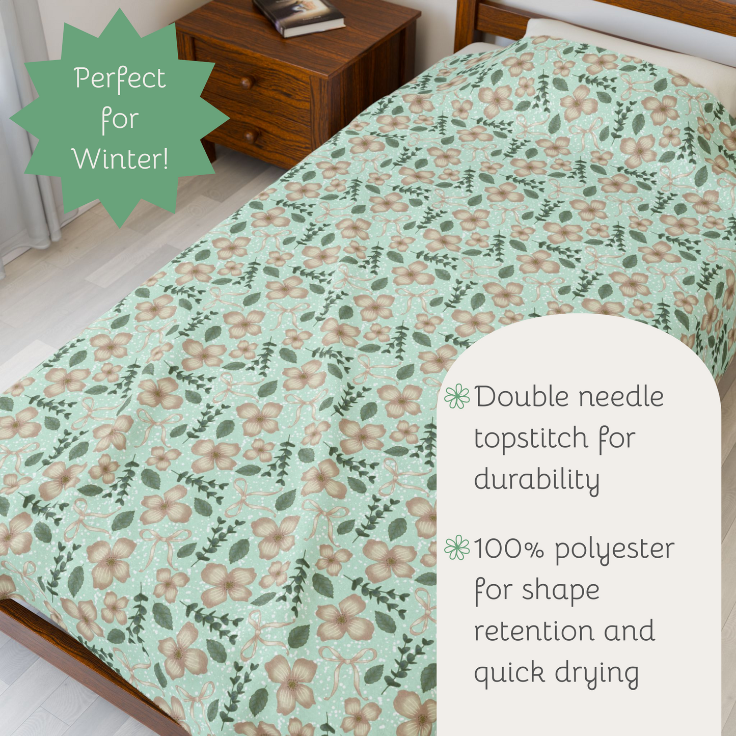 Plush Blanket - Blush Petal Garden Print, Flowers, Bows, Eucalyptus, Leaves, Polka Dots