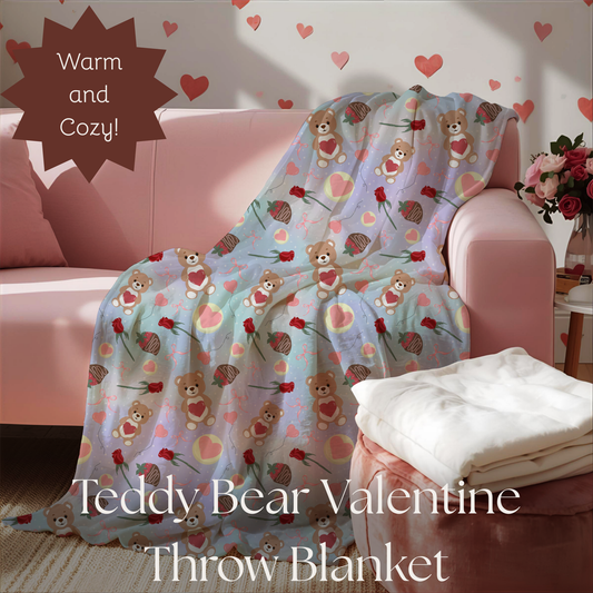 Teddy Bear Valentines Plush Blanket, Love Heart Roses Chocolate Strawberries, Holiday Decor Throw, Gift for Her, Cute Bedroom Decor