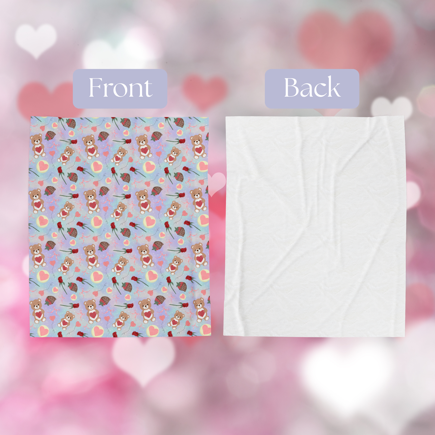 Teddy Bear Valentines Plush Blanket, Love Heart Roses Chocolate Strawberries, Holiday Decor Throw, Gift for Her, Cute Bedroom Decor