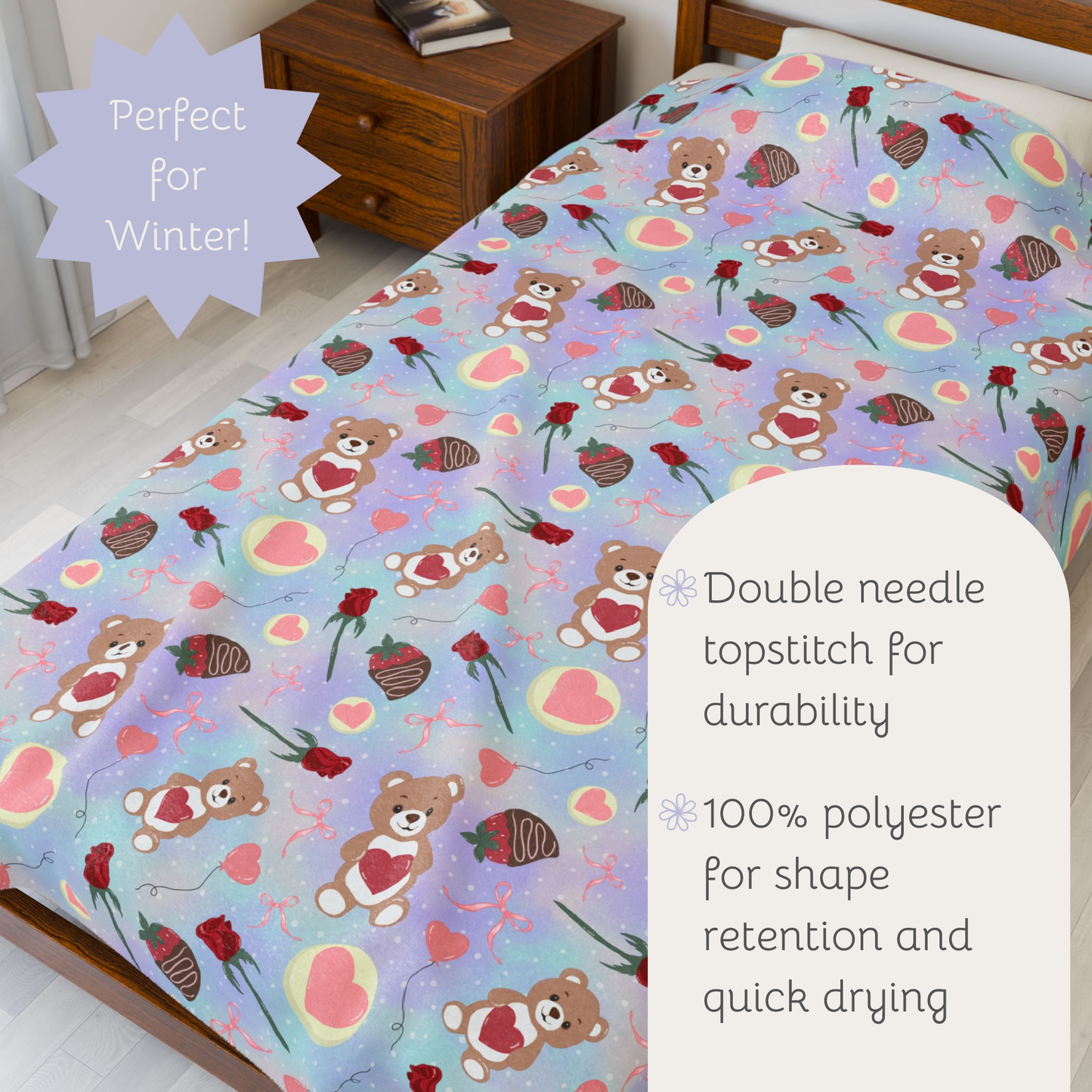 Teddy Bear Valentines Plush Blanket, Love Heart Roses Chocolate Strawberries, Holiday Decor Throw, Gift for Her, Cute Bedroom Decor