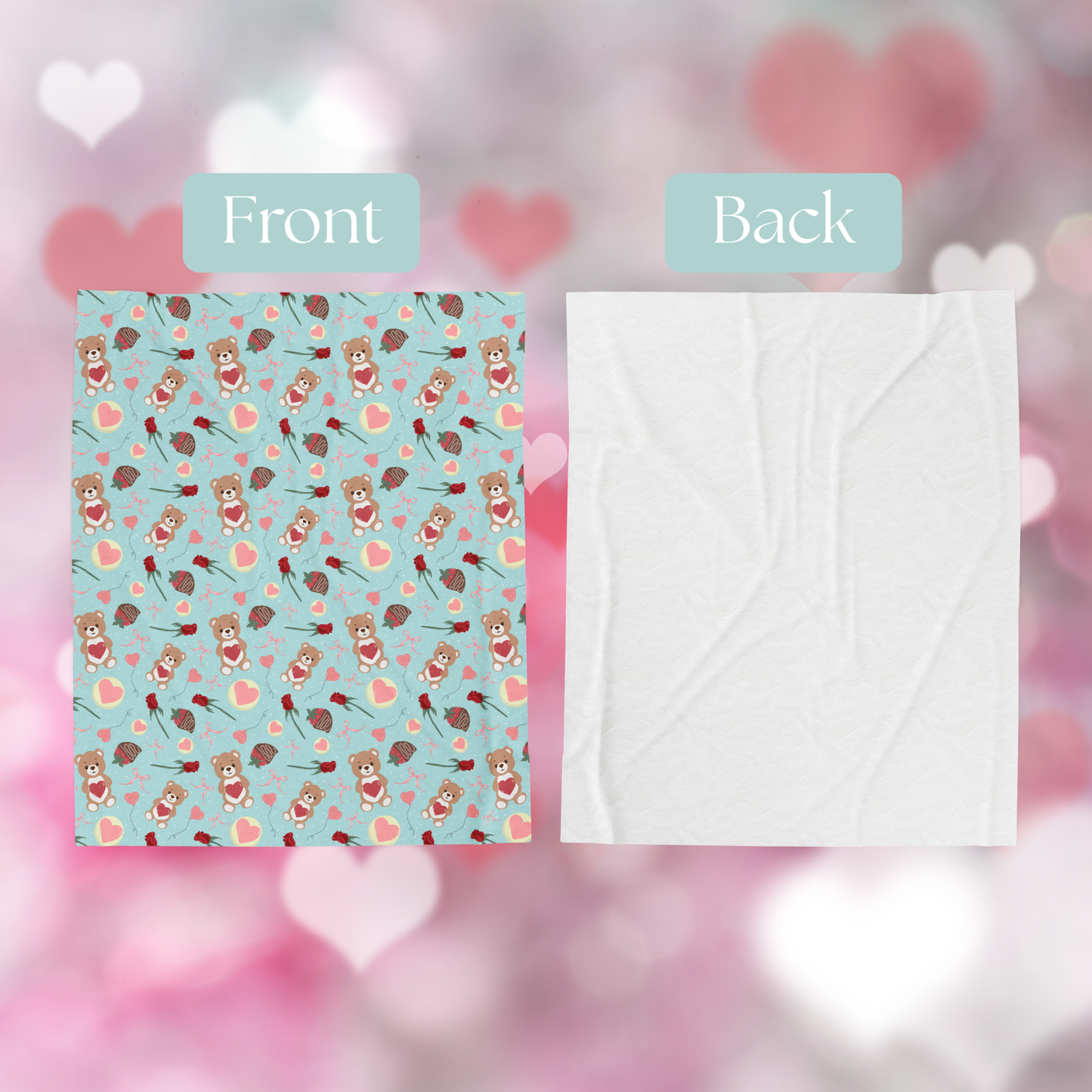 Teddy Bear Valentines Plush Blanket blue background, Love Heart Roses Chocolate Strawberries, Holiday Decor Throw, Cute Bedroom Decor